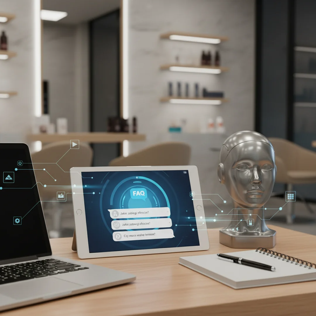 Chatbot FAQ salonu kosmetycznego - Przewodnik 2026 - ilustracja przedstawiająca Interfejs chatbot wyświetlony na ekranie smartfona