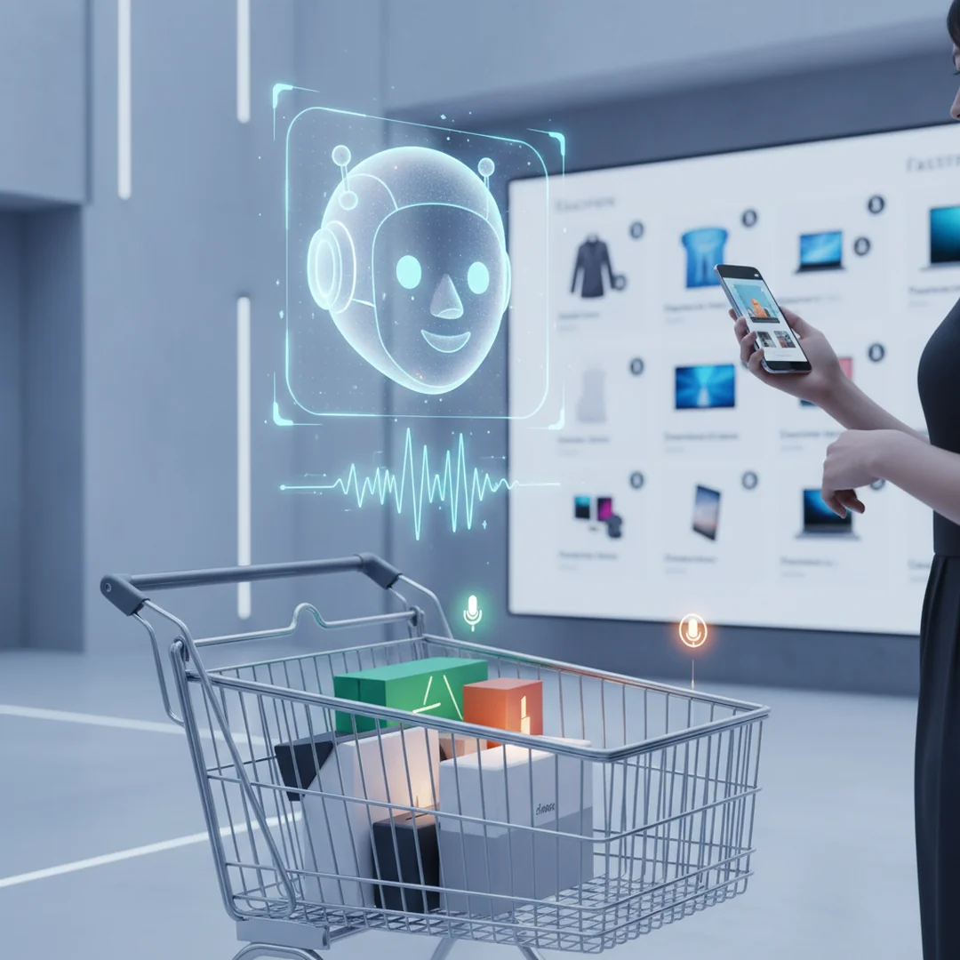Voicebot dla sklepu internetowego - Przewodnik 2026 - ilustracja przedstawiająca Interfejs voicebot wyświetlony na ekranie smartfona