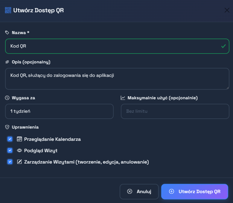 Formularz tworzenia dostępu QR