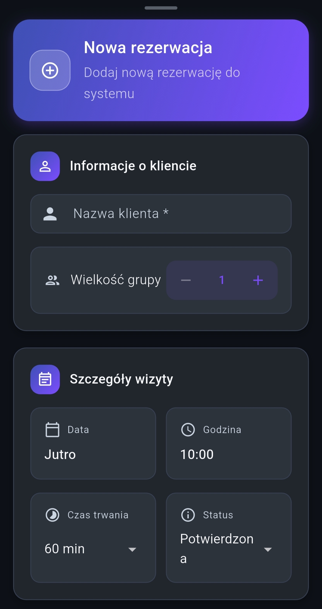 Ekran tworzenia nowej rezerwacji